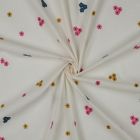Tissu Voile de Coton brodé Petites fleurs Rose, Bleu et Or sur fond Ecru