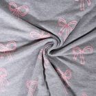 Tissu Jersey Mélangé Poppy Noeuds pailletés roses sur fond Gris chiné