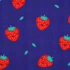 Tissu Jersey stretch Fraise Happy sur fond Bleu roi
