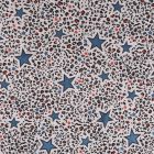 Tissu Sweat  envers minky Etoile bleu denim et tache léopard rouge sur fond Gris chiné - Par 10 cm