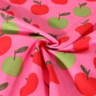 Tissu Popeline de Coton Poppy Pommes rouges et vertes sur fond Rose