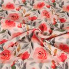 Tissu Voile de Coton digital Roses et feuillage sur fond Ecru