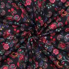 Tissu Voile de Coton digital fleurs Multicolores sur fond Noir