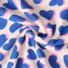 Tissu Sweat  léger envers molletonné Lisa coeurs Bleues sur fond Gris chiné