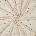 Tissu Jersey Coton imprimé Bio Petits Coeurs Violets sur fond Ecru