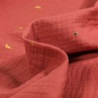 Tissu Double gaze Lunes et étoiles dorées sur fond Terracotta