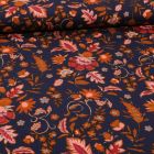 Tissu Jersey Viscose Fleurs rose et brique sur fond Bleu - Par 10 cm