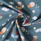 Tissu Popeline de Coton  Oursons cosmiques sur fond Bleu gris
