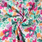 Tissu Voile de Coton digital Fleurs colorées roses, vertes et lilas sur fond Blanc