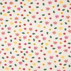 Tissu Jersey Coton Feuilles et fleurs jaunes vertes et rouges sur fond Blanc - Par 10 cm