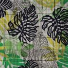 Tissu Viscose imprimé pied de poule Feuilles exotiques sur fond Blanc - Par 10 cm
