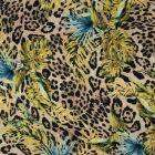 Tissu Viscose toucher crêpe imprimé léopard Feuilles exotiques vertes et bleues sur fond Beige sable - Par 10 cm