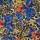 Tissu Viscose toucher crêpe imprimé léopard Feuilles exotiques orange et bleues sur fond Beige sable - Par 10 cm
