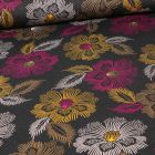 Tissu Jersey Viscose Hibiss jaune sur fond Noir