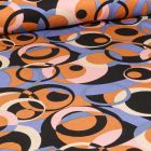 Tissu Viscose Twill extensible Cercles abstraits orange sur fond Noir