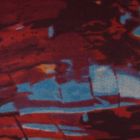 Tissu Caban Laine Motifs abstrait orange et bleu sur fond Bordeaux - Par 10 cm