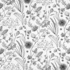 Tissu Toile Savoie enduit fleurs noires Herbia sur fond Blanc