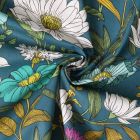 Tissu Coton  Cretonne Ysoline fleurs Blanches sur fond Bleu