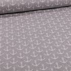 Tissu Jersey Coton envers gratté Ancres marines sur fond Gris clair chiné - Par 10 cm