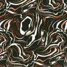 Tissu Popeline de Viscose Marble blanc et orange sur fond Vert kaki foncé