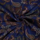 Tissu Jersey Viscose Aliénor motif paisley Marron sur fond Bleu marine