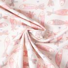 Tissu Coton imprimé Marie sardines Rose pastel sur fond Ecru