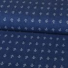 Tissu Chambray Ancres Blanches sur fond Bleu jean - Par 10 cm
