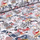 Tissu Jacquard Manga bleu rouge sur fond Blanc