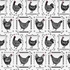 Tissu Jacquard Poules Noir sur fond Blanc