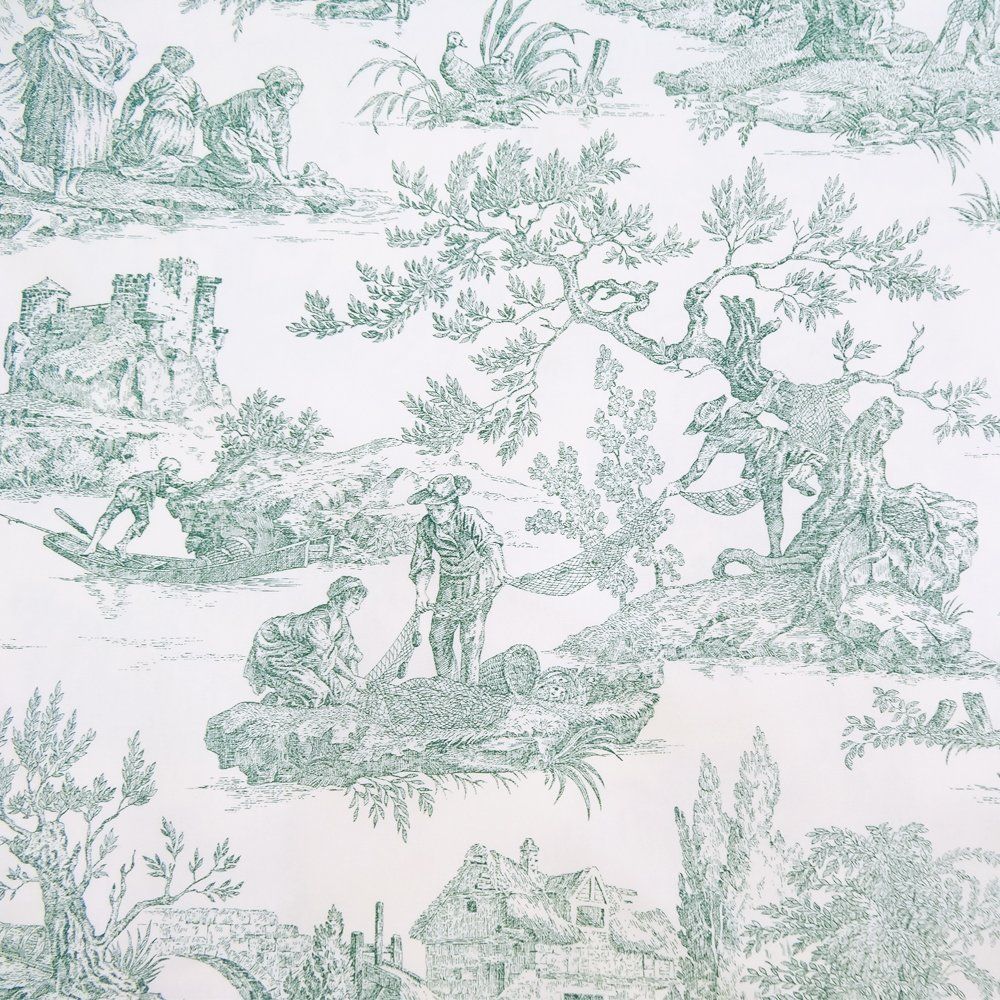 Tissu Toile De Jouy Imprimé Français - 280 Cm De Large, Coton, Couleur Verte - Au Mètre Pour Décoration Ou Couture