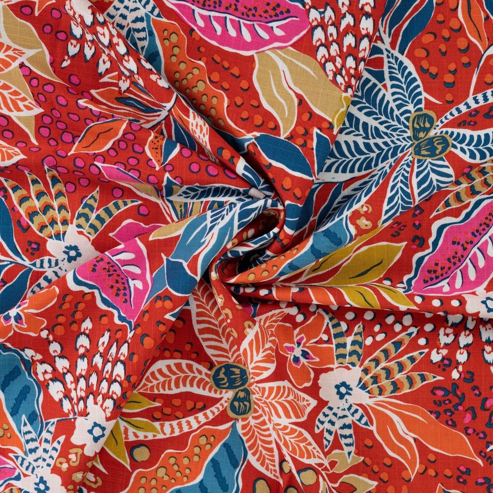 Tissu Jersey Viscose Extensible Imprimé Floral Rouge Et Argent - Pour Création - 1m?