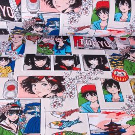 Tissu Coton Imprim Sasuke Multico Sur Fond Ecru Par 10 Cm