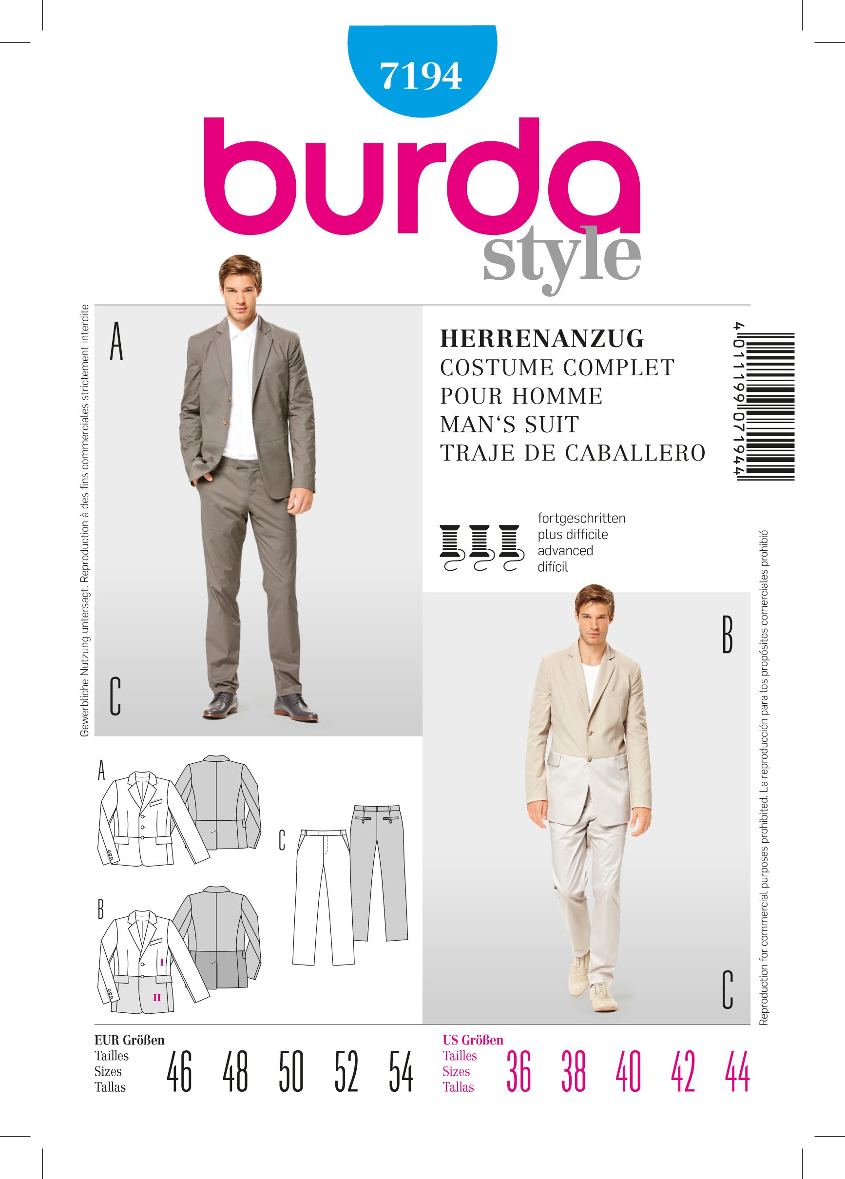 Patron Burda 7194 Costume complet pour hommes