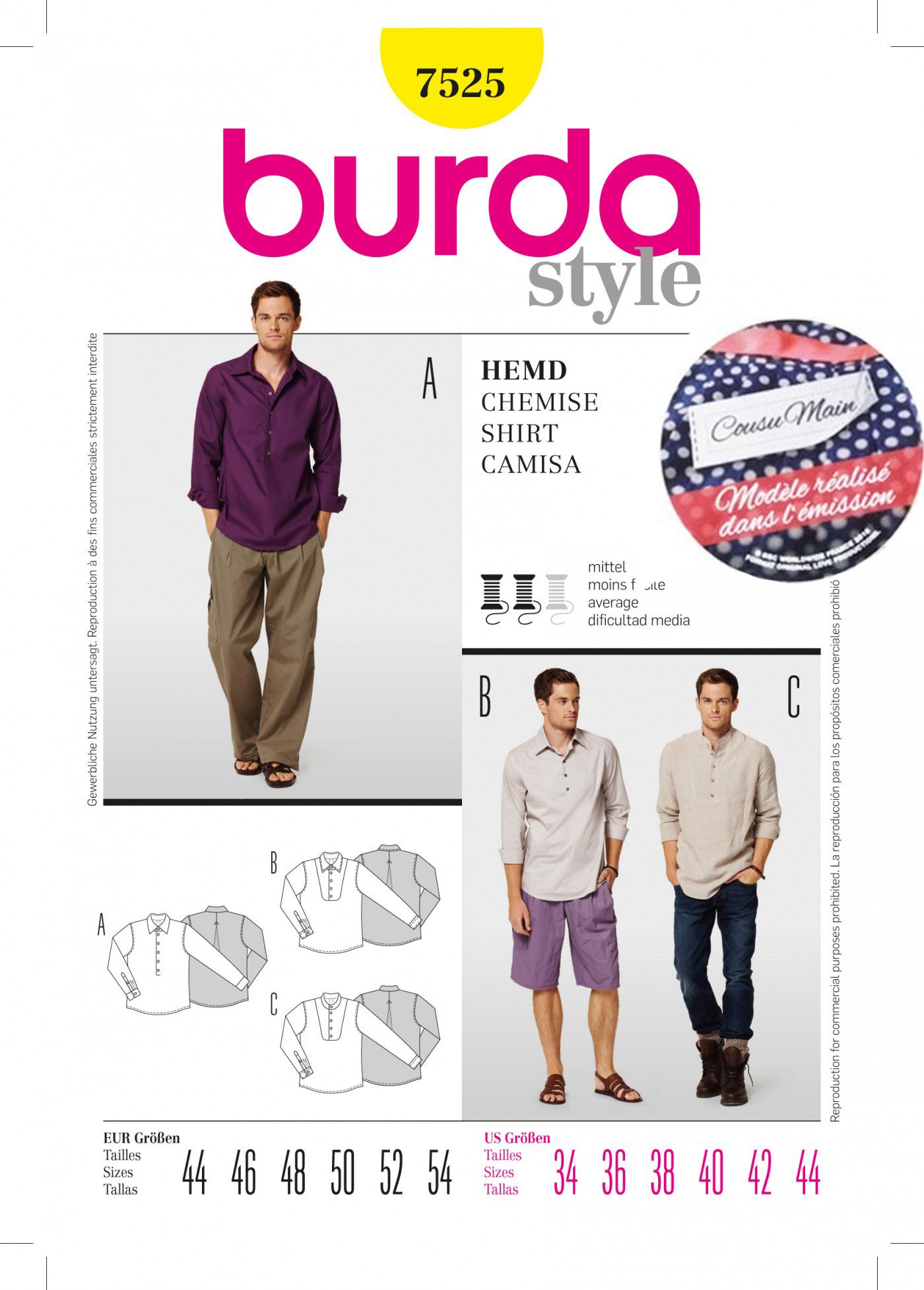 Patron Burda Cousu Main 7525 Chemise homme