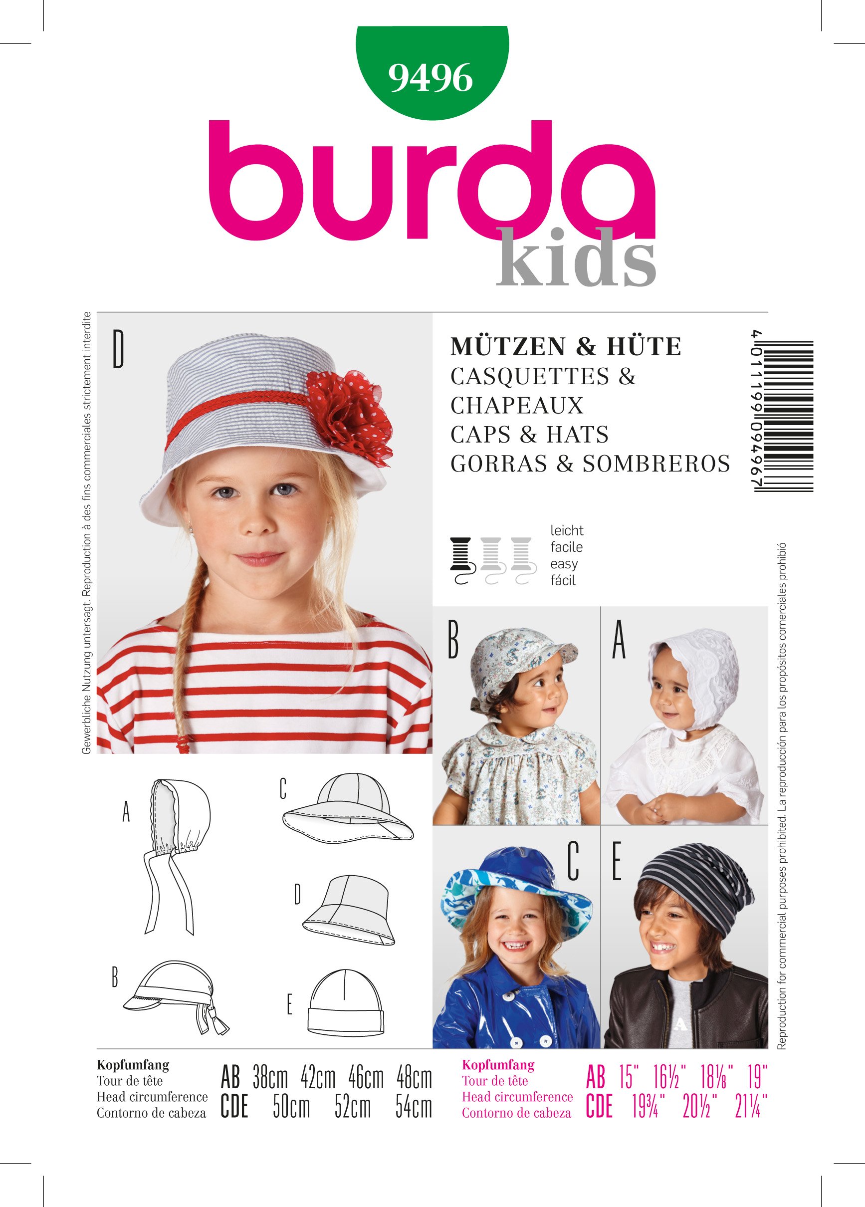 Patron Burda 9496 Casquette et chapeau