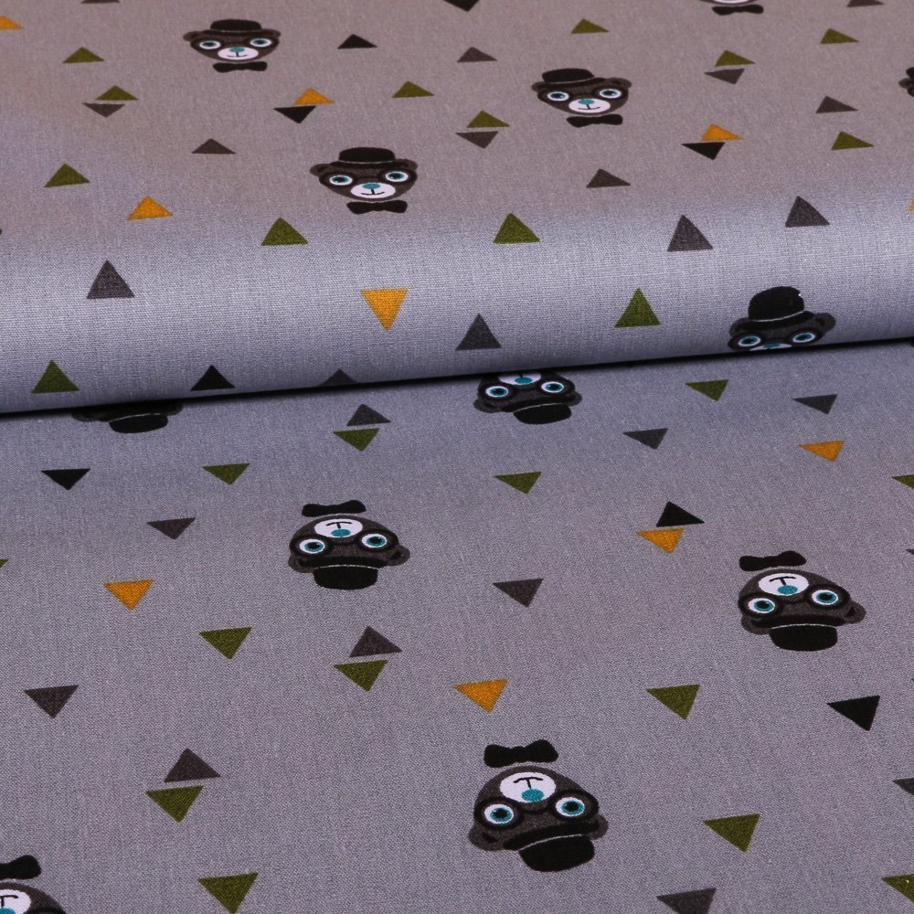 Tissu Coton LittleBird Gris pierre Oursons et triangles Gris et verts