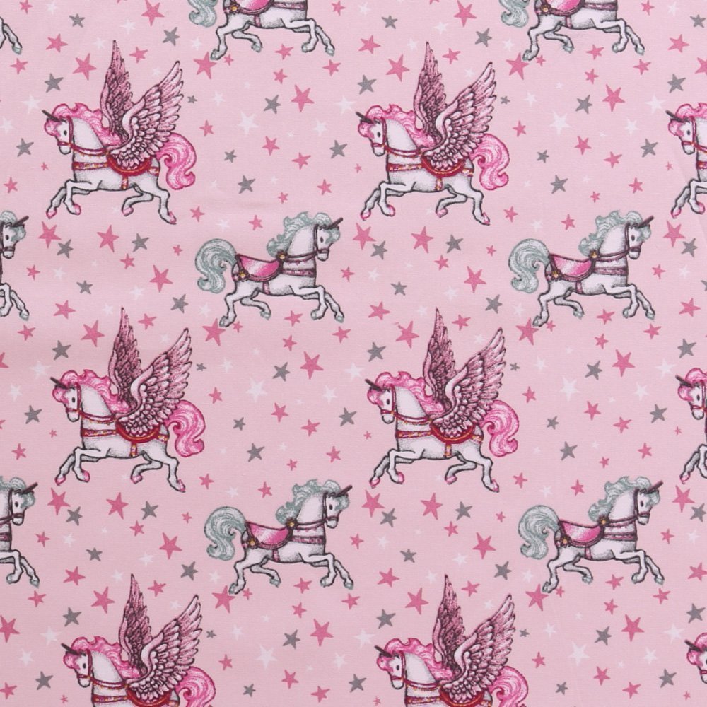 Tissu Coton Imprimés LittleBird Licornes et étoiles Roses et grises sur fond Rose