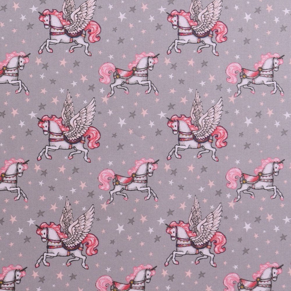 Tissu Coton Imprimés LittleBird Licornes et étoiles Roses et grises sur fond Gris
