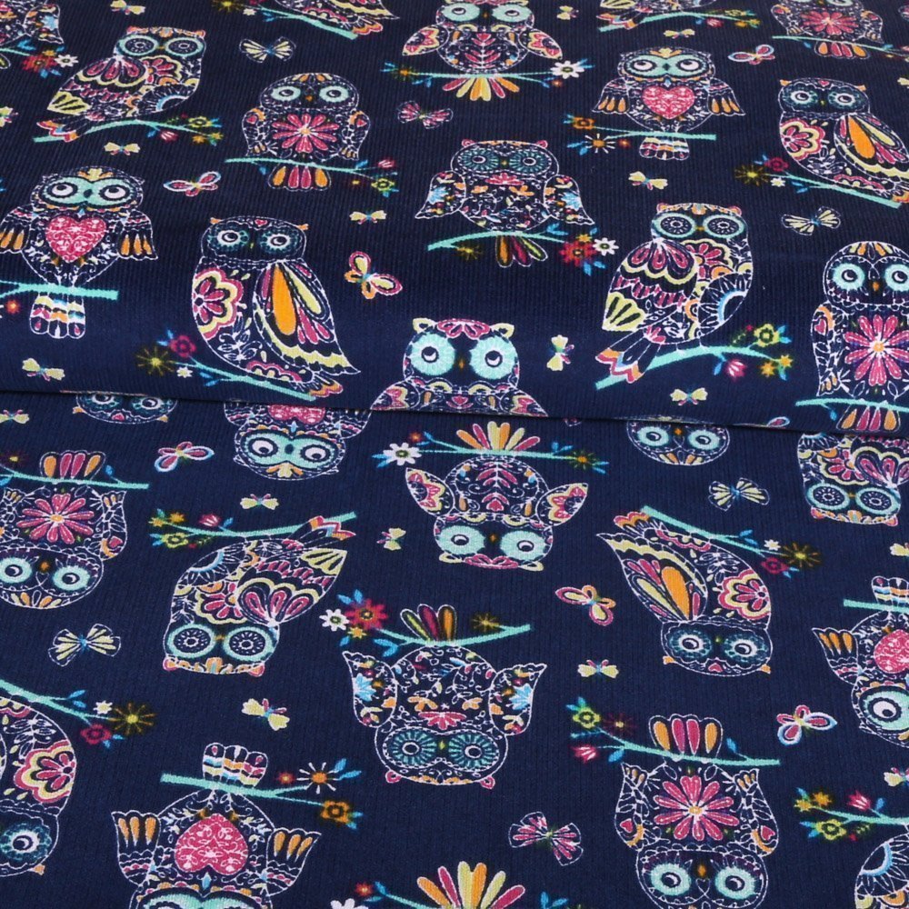 Tissu Velours Milleraies Chouettes Multicolore sur fond Marine