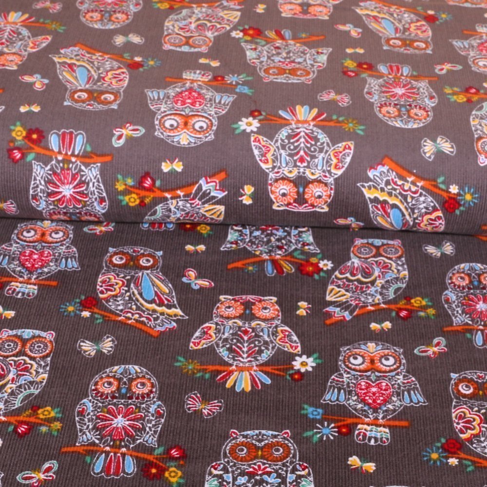 Tissu Velours Milleraies Chouettes Multicolore sur fond Taupe