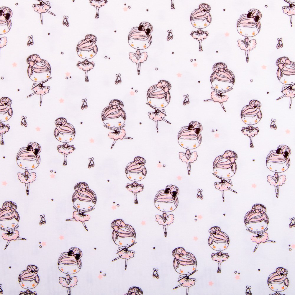 Tissu Jersey Coton Blanc Danseuses Noires et roses