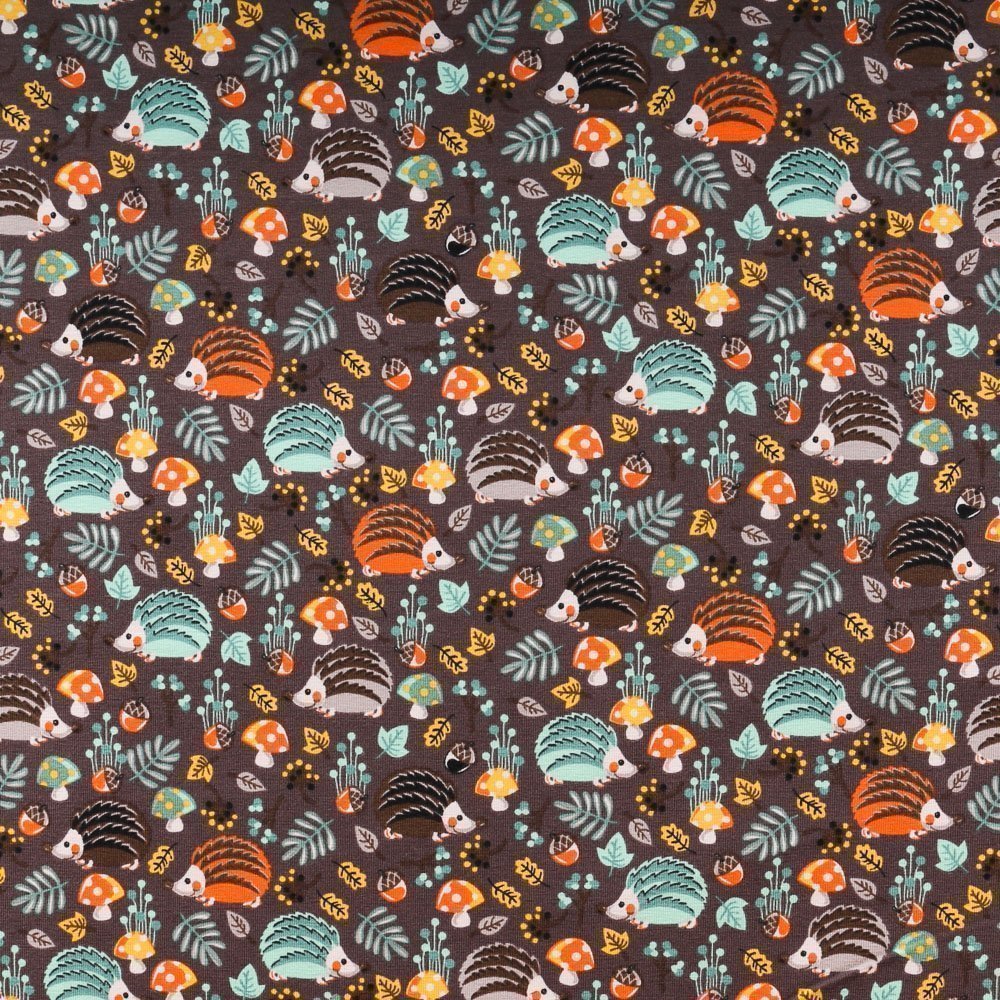 Tissu Jersey Coton Herissons forêt sur fond Marron