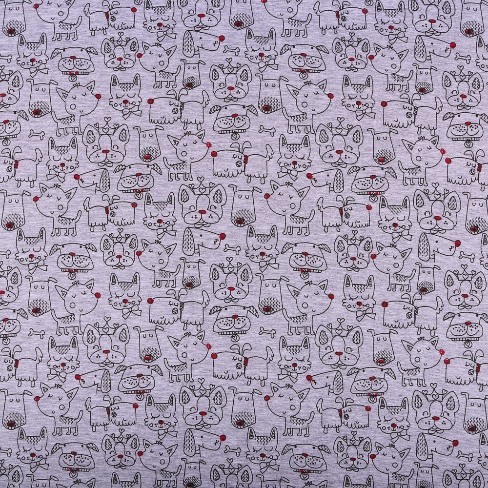Tissu Jersey Coton Dessins chiens sur fond Gris chiné