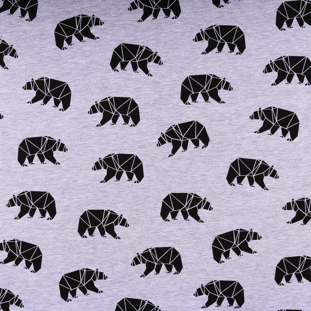 Tissu Jersey Coton Bears abstrait Noirs sur fond Gris chiné