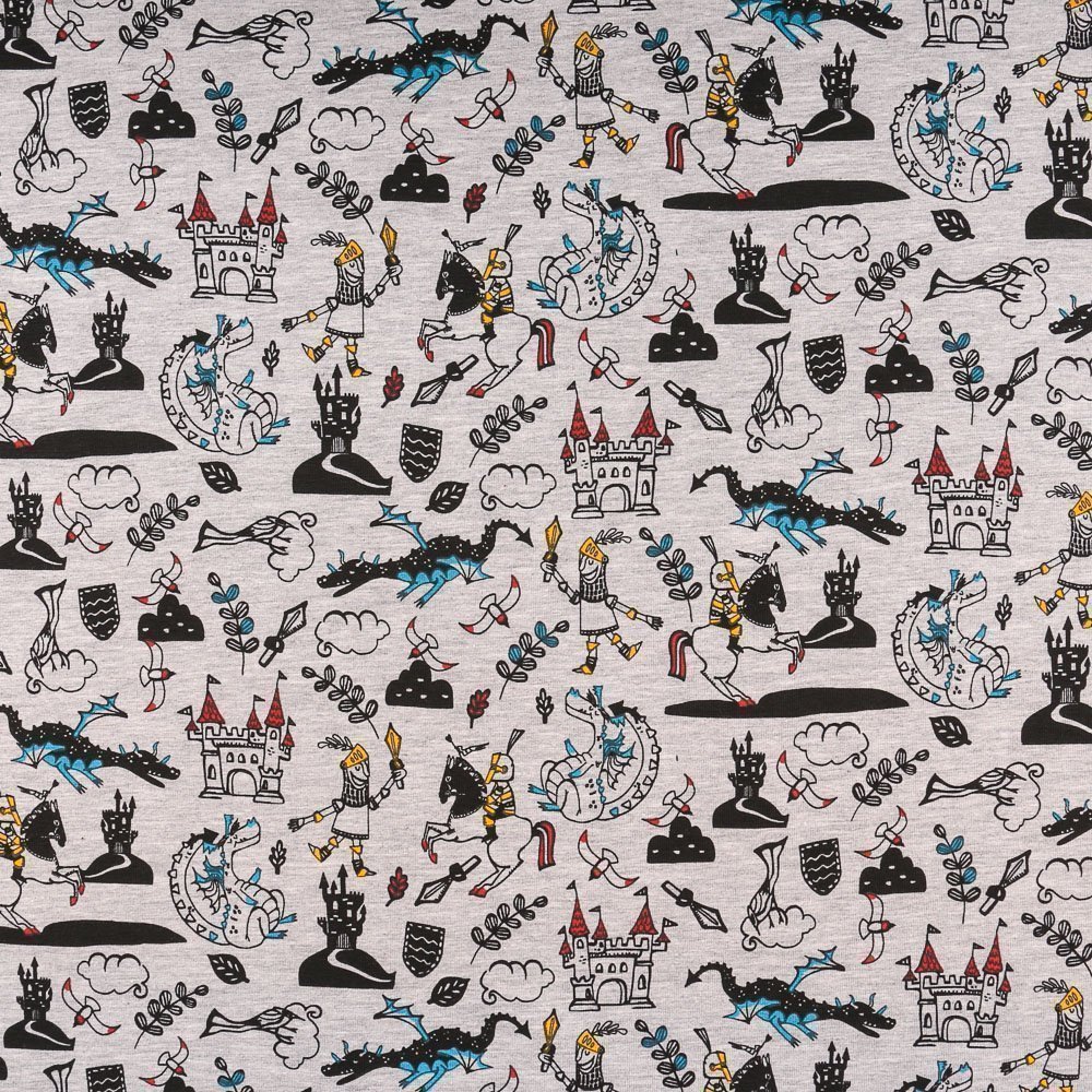Tissu Jersey Coton Chevaliers Multicolore sur fond Gris chiné