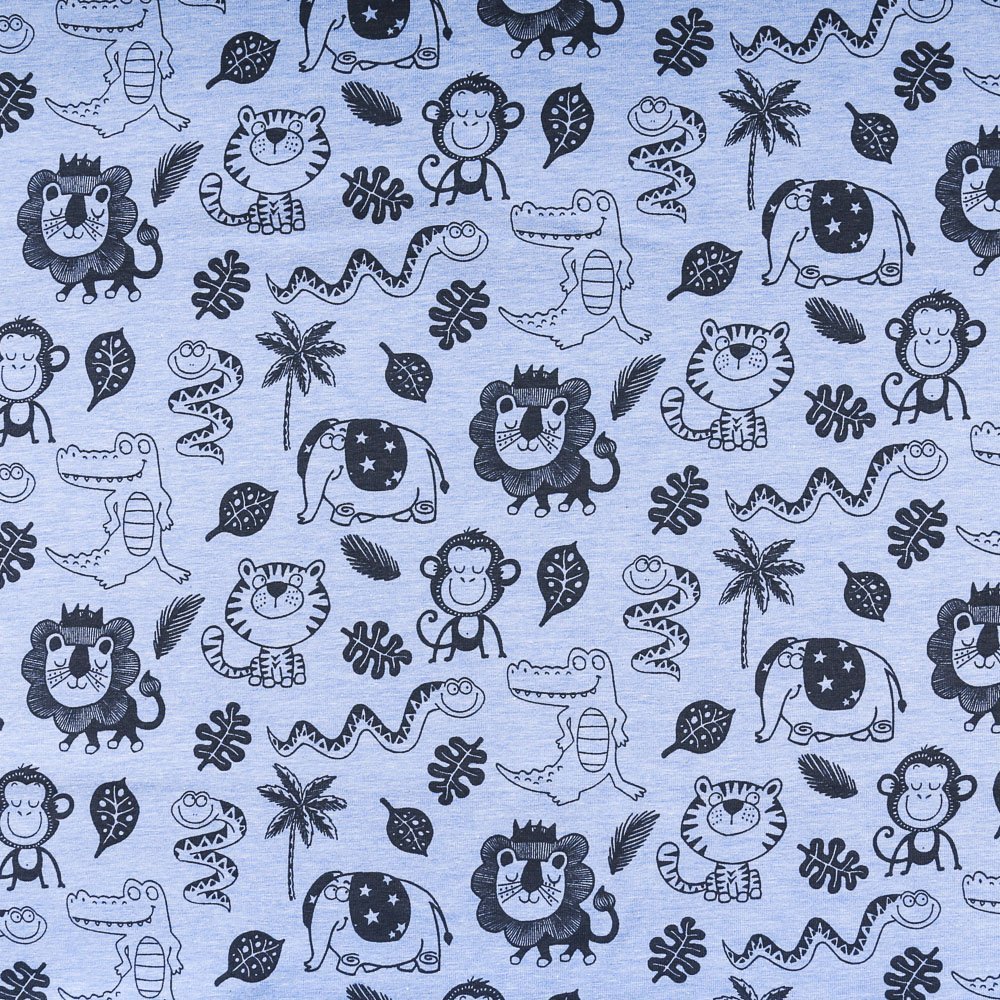 Tissu Jersey Coton Animaux savane Noirs sur fond Bleu chiné