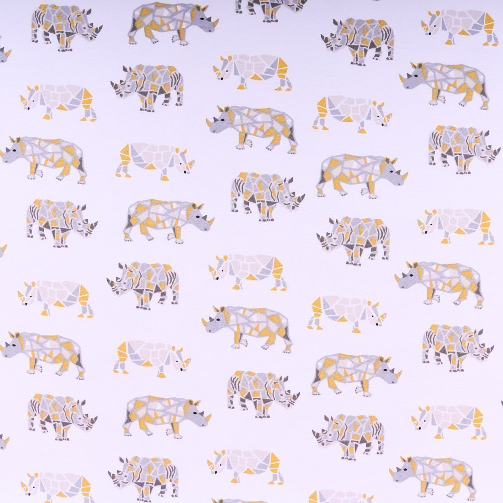 Tissu Jersey Coton Rhinocéros abstrait Jaunes et gris sur fond Blanc
