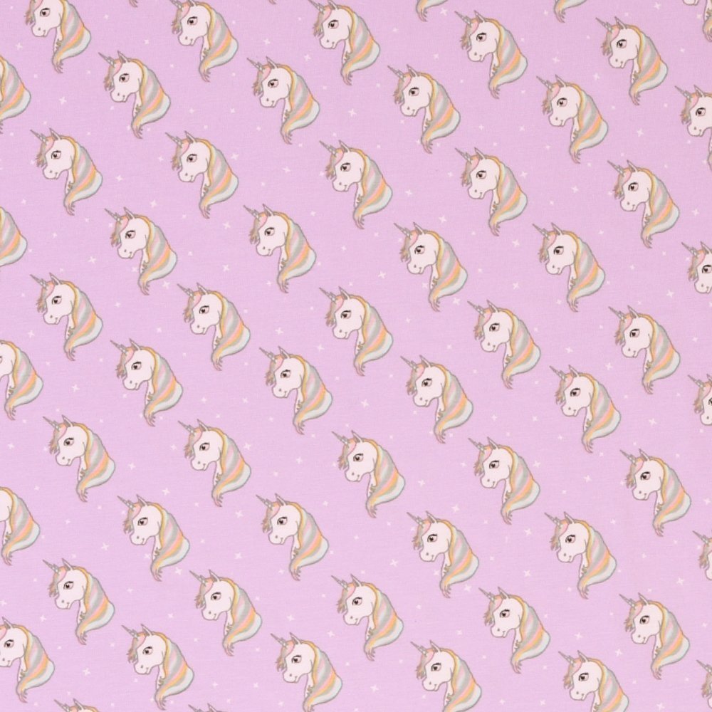 Tissu Jersey Licornes Arc-en-ciel sur fond Parme