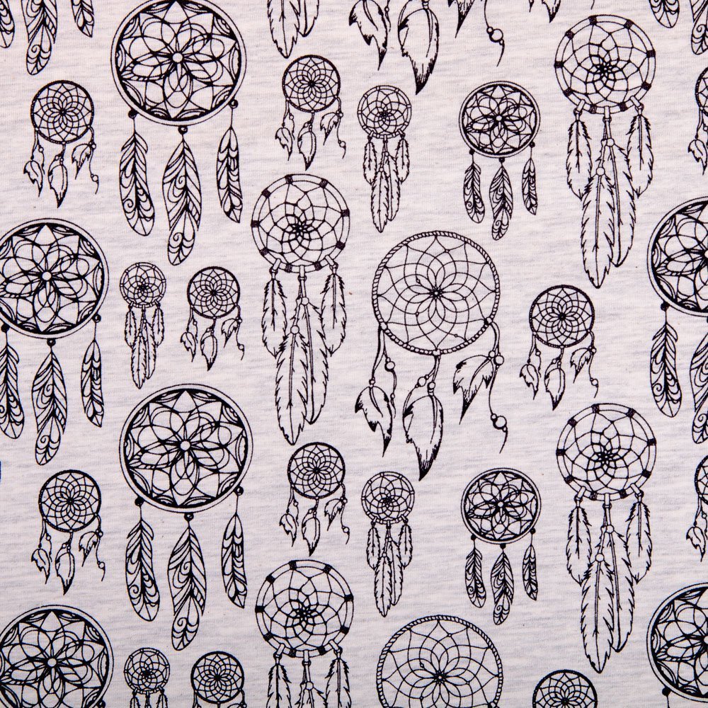 Tissu Jersey Coton Beige chiné Attrape-rêves Gris foncé