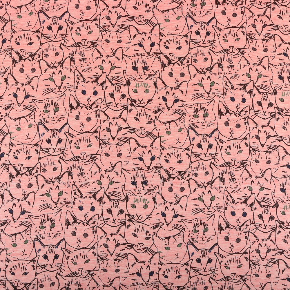 Tissu Jersey Coton Têtes de chats Noirs sur fond Rose